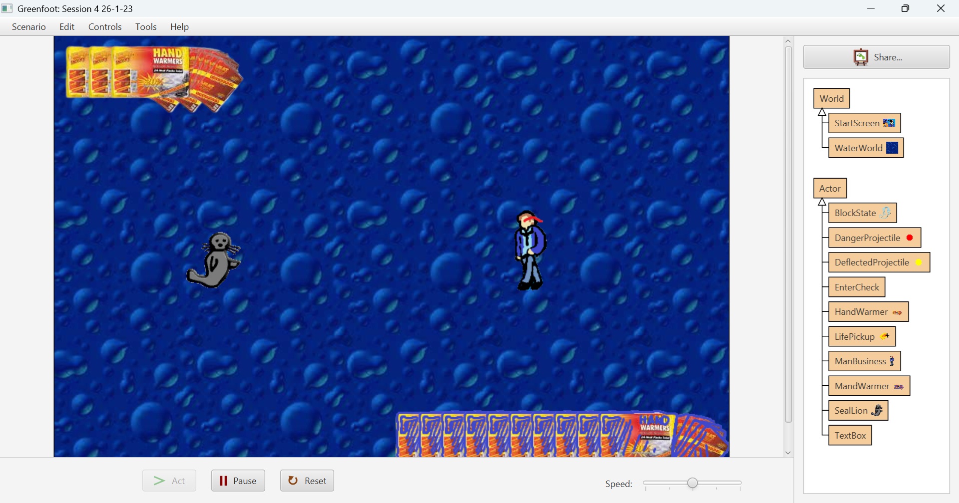 seal (left) faces off against business man (right) under the ocean